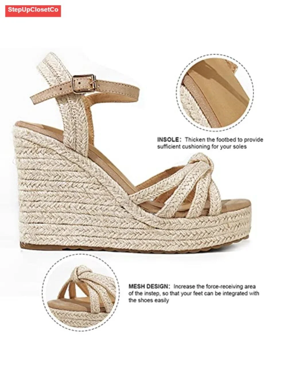 Open Toe Platform Espadrille Wedge Sandals with Adjustable Buckle Ankle Strap